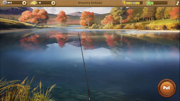Fishing World: lago cercado por árvores de outono, com o botão de puxar a vara no canto da tela