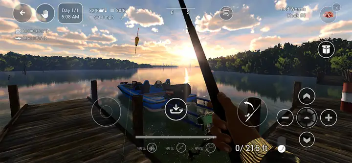 Fishing Planet: pescador no deque olhando para um lago ao amanhecer, com os controles de lançamento na tela