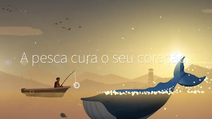 Fishing Life: pescador no barco sob o céu alaranjado, com a frase sobre a pesca e o coração