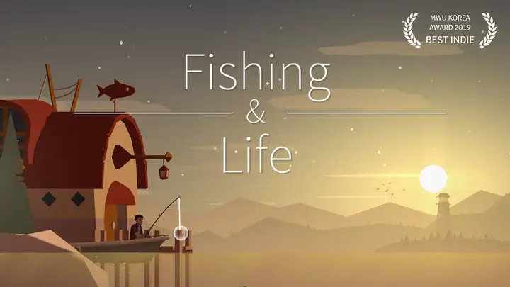 Fishing Life: tela de abertura com um barco de pesca ao entardecer e uma baleia ao fundo